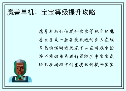 魔兽单机：宝宝等级提升攻略